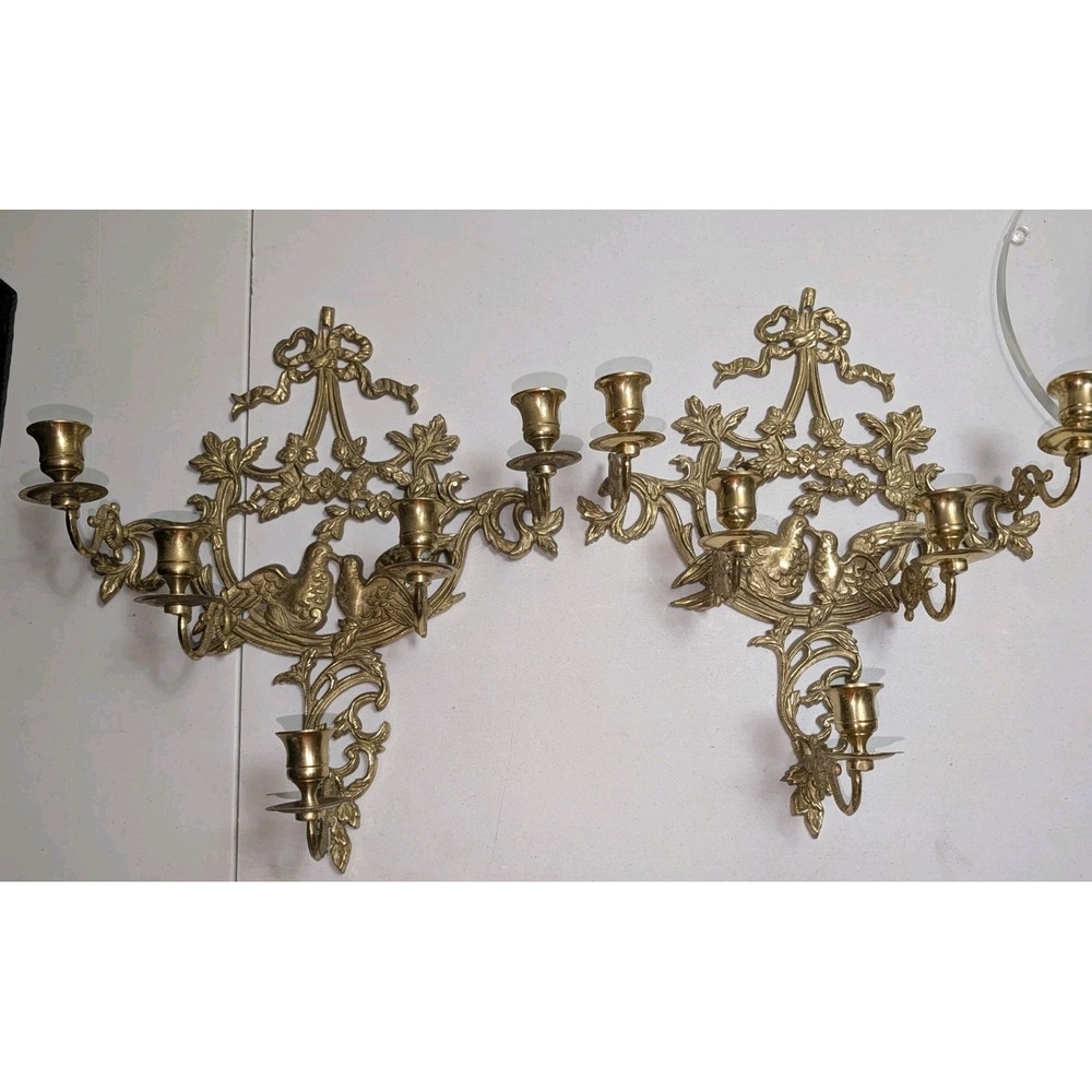 Vintage Brass Wall Sconce 5 Arm Love Birds Victorian Style Decor Candlelabra